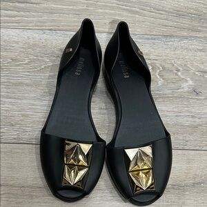 Melissa Black Flats with Gold Accents
